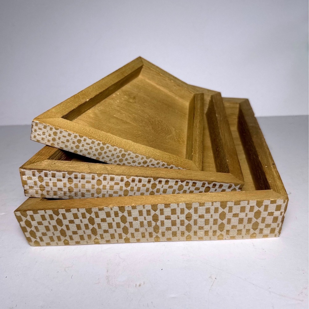 Basketville Wooden Nesting Tray Set 3pc Gold Cream Geometric Trapezoid
